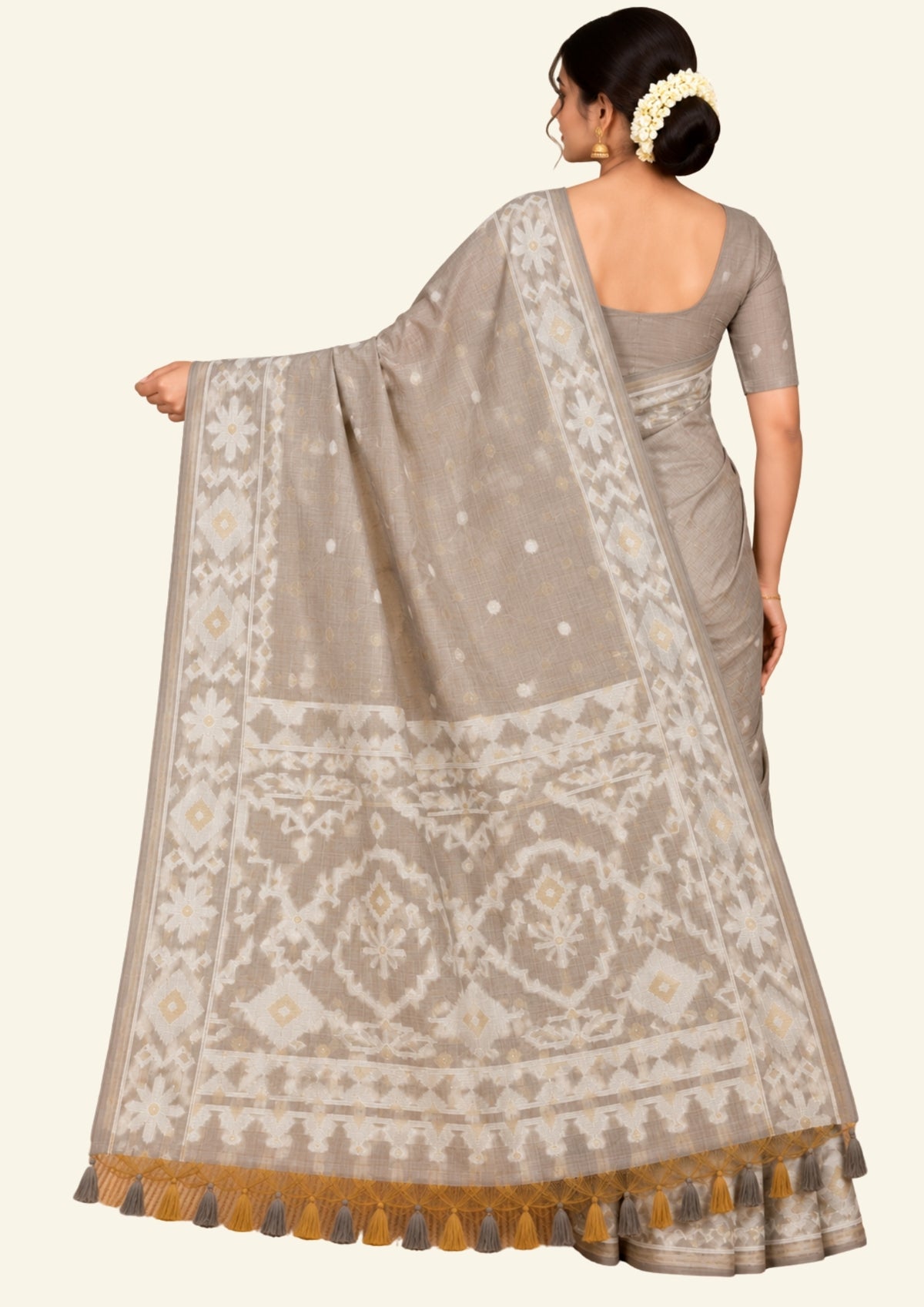 Monisha Tussar Muted taupe grey shade with a soft tussar silk texture