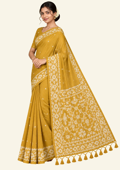 Monisha Tussar Rich mustard yellow shade with a soft matte tussar silk texture