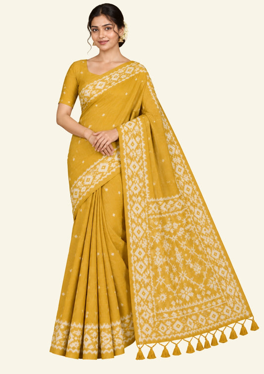 Monisha Tussar Rich mustard yellow shade with a soft matte tussar silk texture