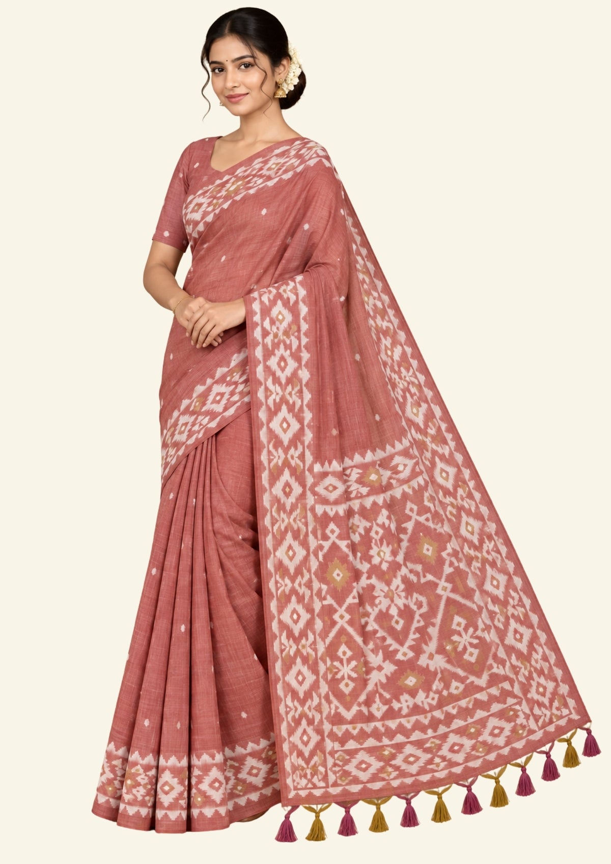 Monisha Tussar Warm terracotta rose shade with a matte tussar silk texture