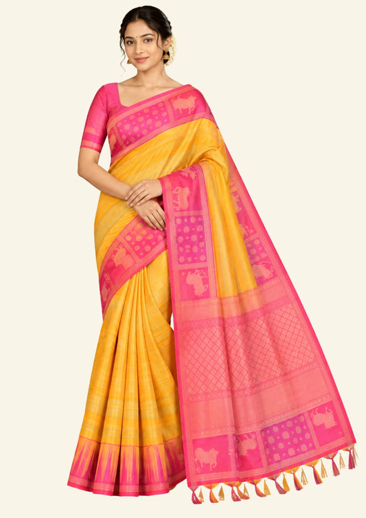 Mustard yellow Gokul Tussar with pink border