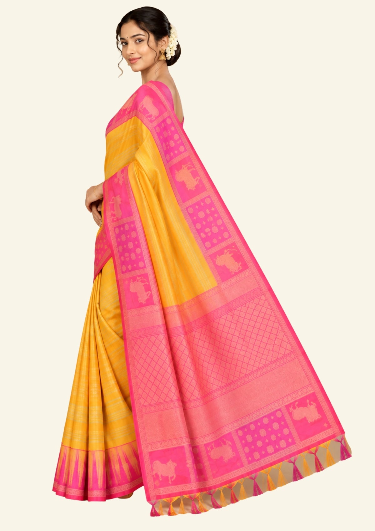 Mustard yellow Gokul Tussar with pink border