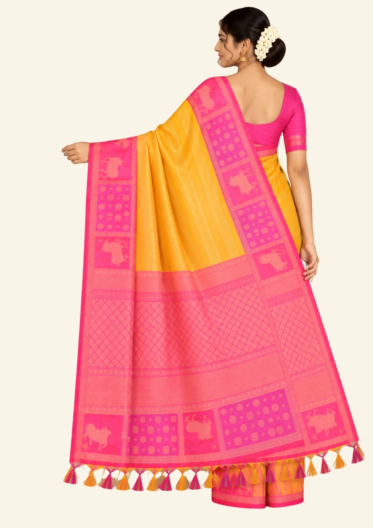 Mustard yellow Gokul Tussar with pink border