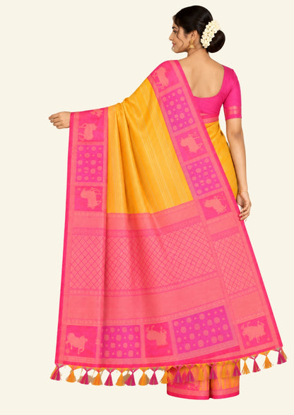 Mustard yellow Gokul Tussar with pink border