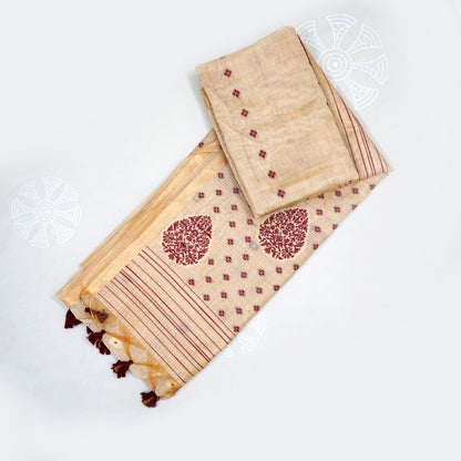 Beige Ishvani Tussar saree with Maroon tassels