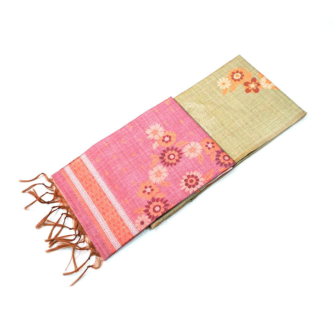 Olive green Palayam Silk Tussar with Copper and Mauve border
