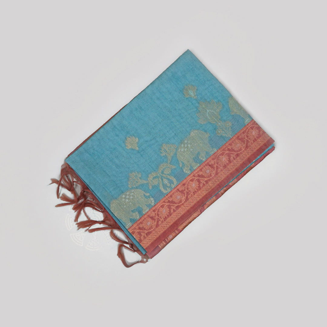 Aqua Blue Ambari Silk Tussar with Rust border