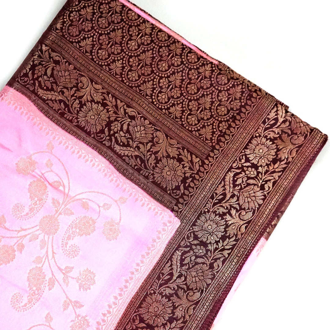 Soft Rose Mahalakshmi Viscose saree with Deep Maroon contrast