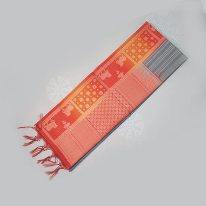 Subtle Grey Gokul Tussar with Red and Orange border.