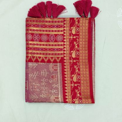 Crimson Red Stravi Silk with lavender - pink pallu and Gold Zari