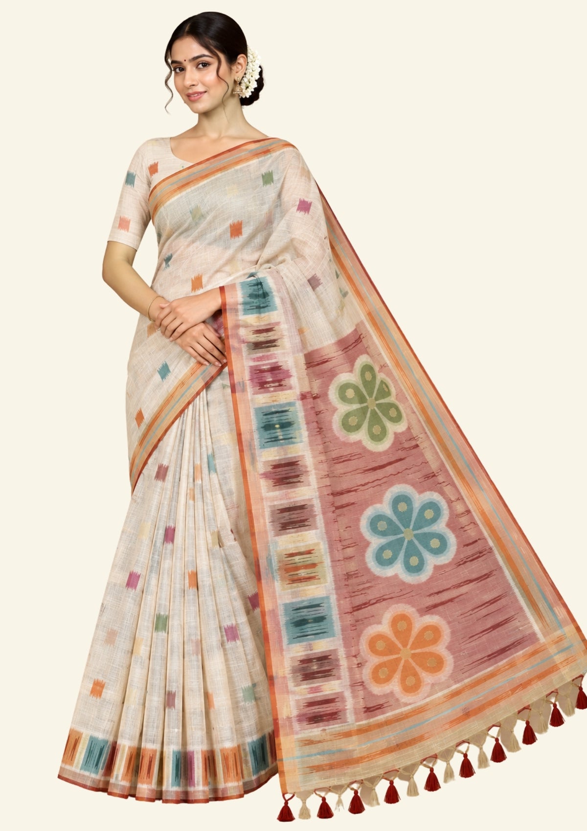 Navarangi Tussar in warm peach pink shade with a soft, textured finish