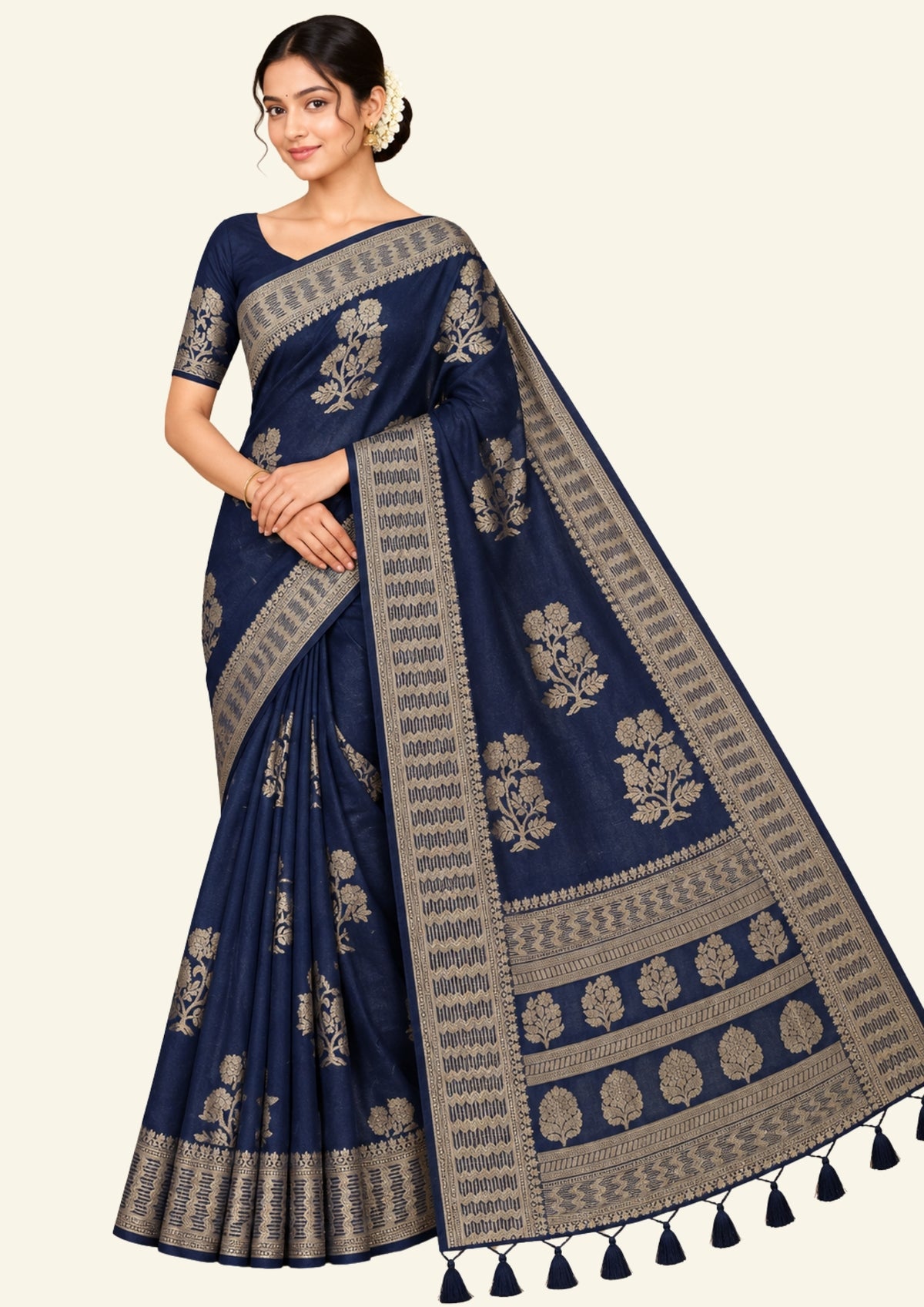 Neera Silk in Deep Navy Blue Base with Floral works
