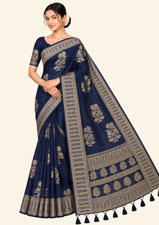 Neera Silk in Deep Navy Blue Base with Floral works