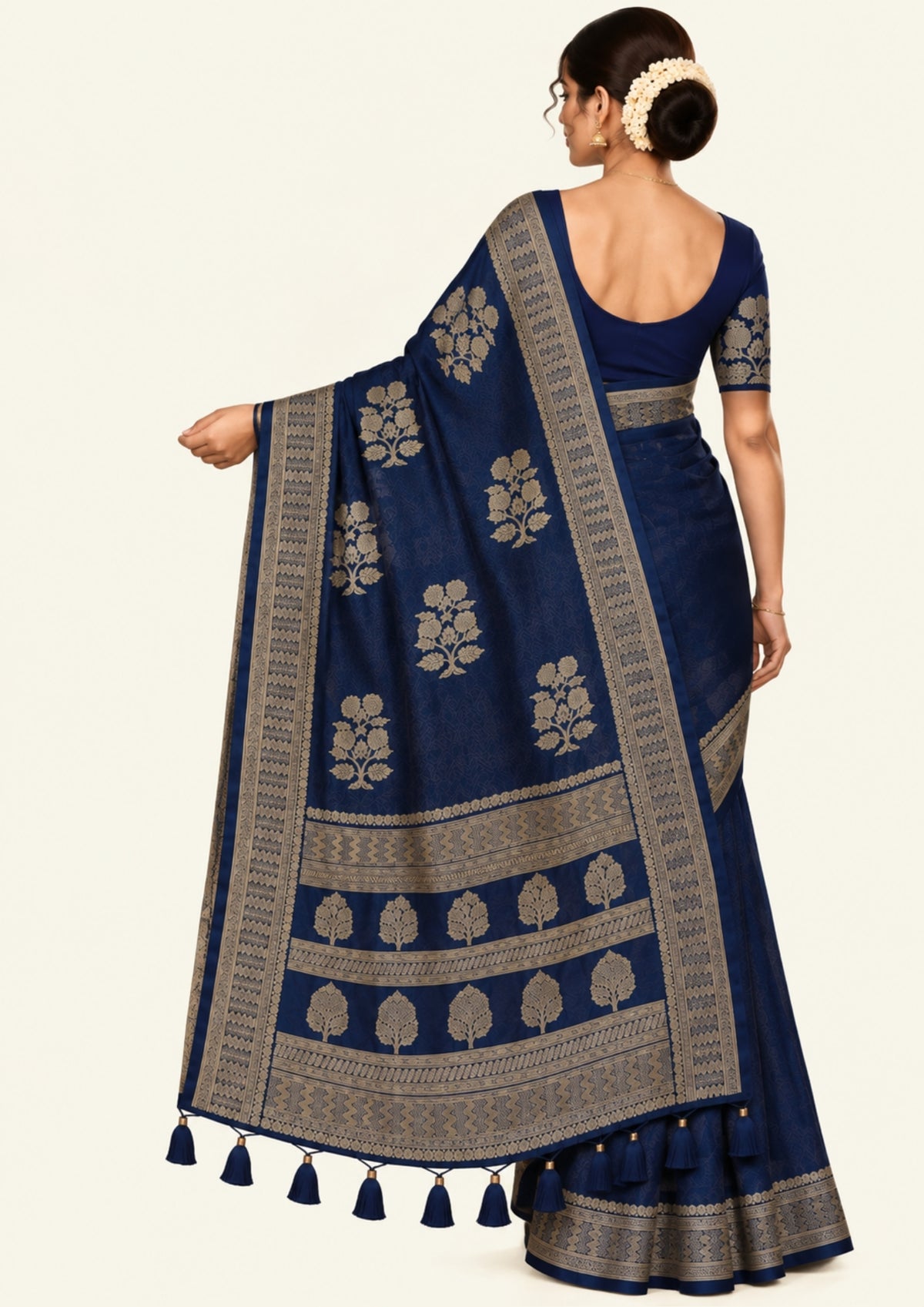 Neera Silk in Deep Navy Blue Base with Floral works