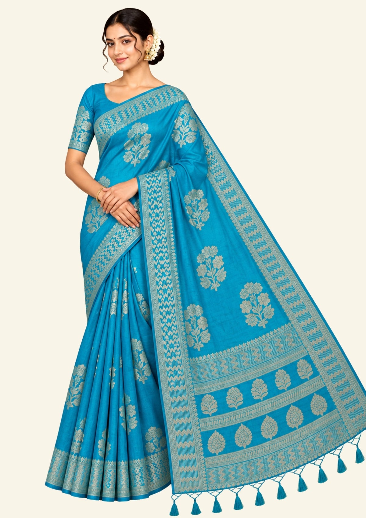 Neera Silk Saree in Vibrant Turquoise Blue with Floral works
