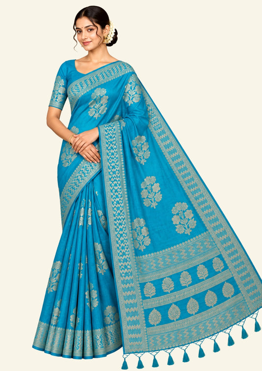 Neera Silk Saree in Vibrant Turquoise Blue with Floral works