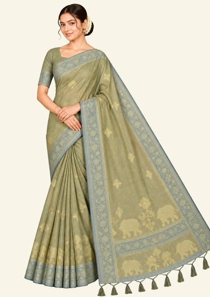 Olive Green Ambari Silk saree with Floral and Zari works