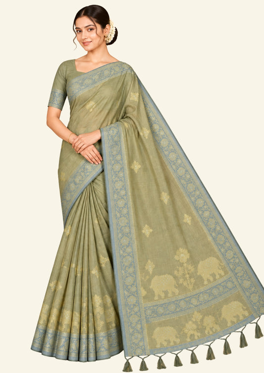Olive Green Ambari Silk saree with Floral and Zari works