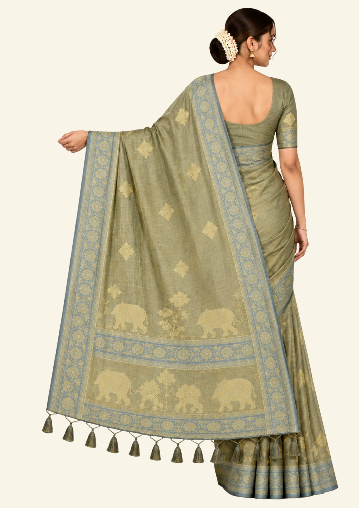 Olive Green Ambari Silk saree with Floral and Zari works