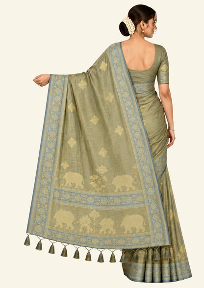Olive Green Ambari Silk saree with Floral and Zari works