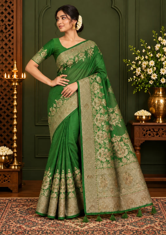 Pastel Green Madhur Sangam Silk saree with Gold - Silver Zari