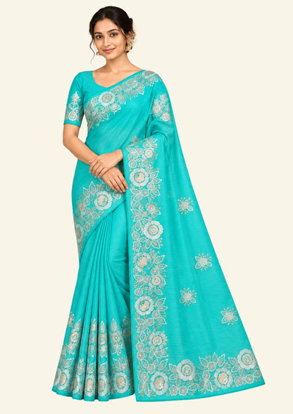 PASTEL WHISPERS - Aqua Blue Designer Chiffon Saree with Floral Buttas and Silver Zari works