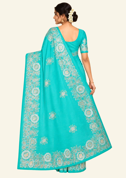 PASTEL WHISPERS - Aqua Blue Designer Chiffon Saree with Floral Buttas and Silver Zari works