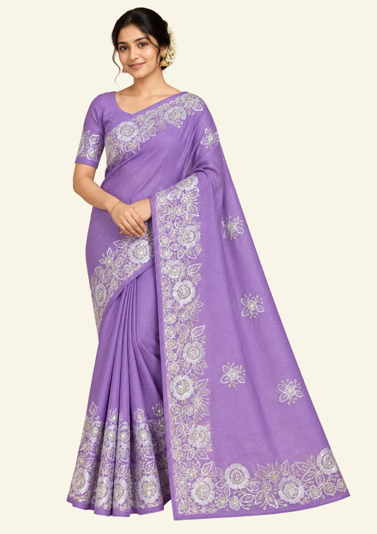 PASTEL WHISPERS - Graceful lavender shade adorned with delicate silver floral embroidery,