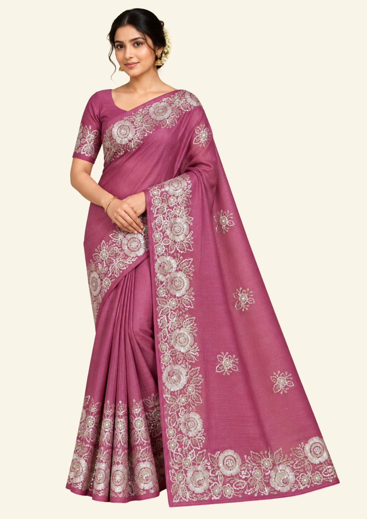 PASTEL WHISPERS - Rich wine-purple shade adorned with elegant silver floral embroidery,