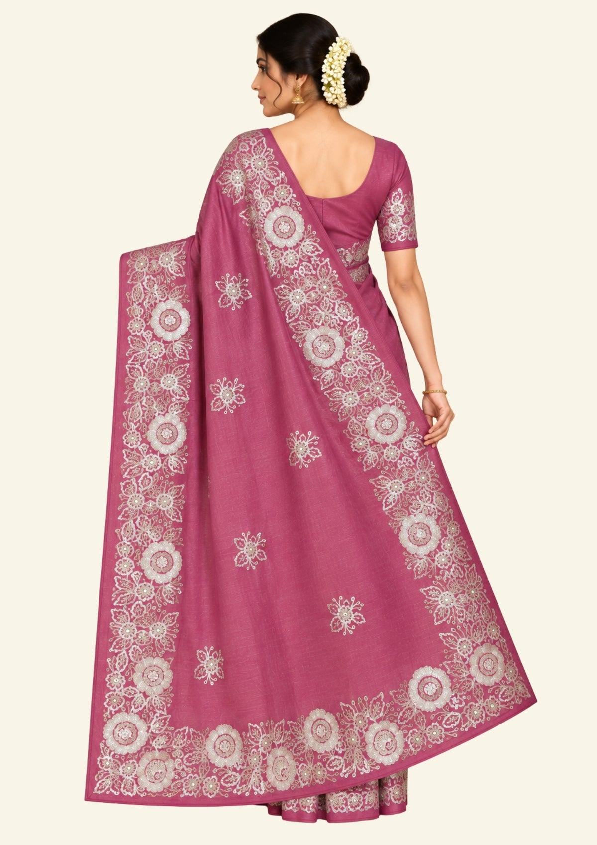 PASTEL WHISPERS - Rich wine-purple shade adorned with elegant silver floral embroidery,