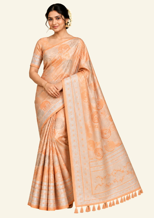 Peach - Beige Suhani Silk with Silver Zari and Pastel Peach motifs