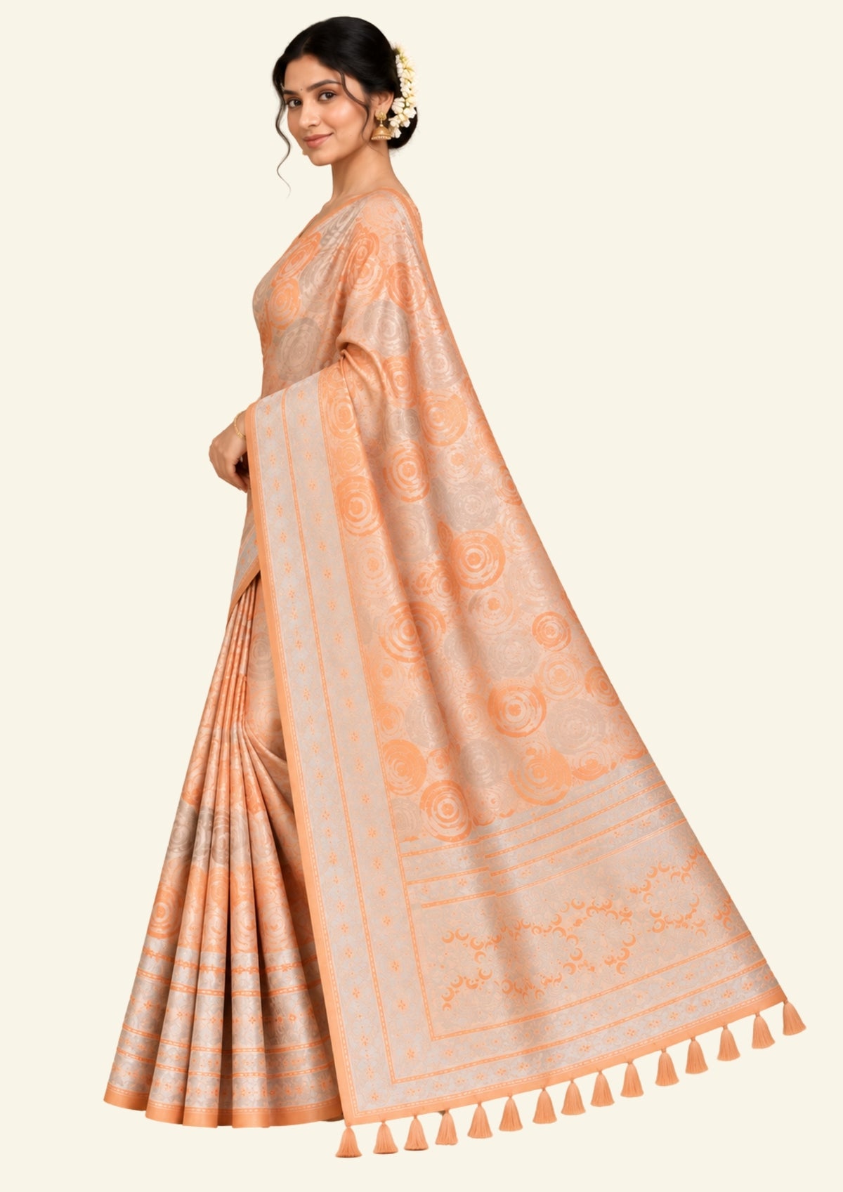 Peach - Beige Suhani Silk with Silver Zari and Pastel Peach motifs
