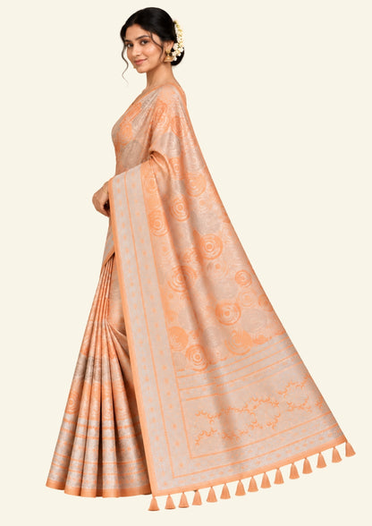 Peach - Beige Suhani Silk with Silver Zari and Pastel Peach motifs