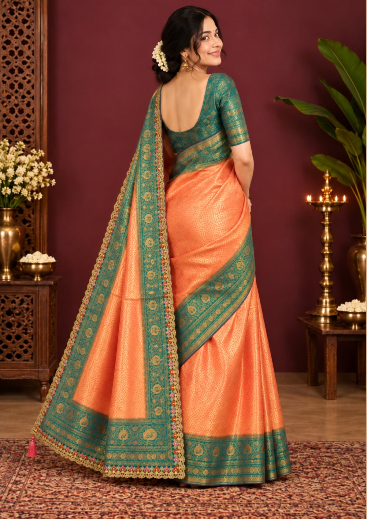 Peach-orange Raj Virasat Silk saree with Deep purple base and heavy embroidery.