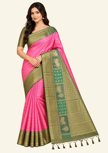 Pink Gokul Tussar with green border