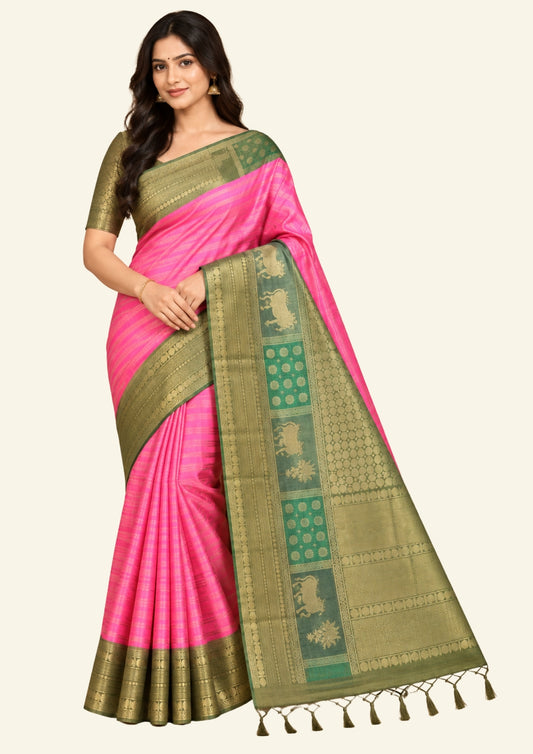 Pink Gokul Tussar with green border