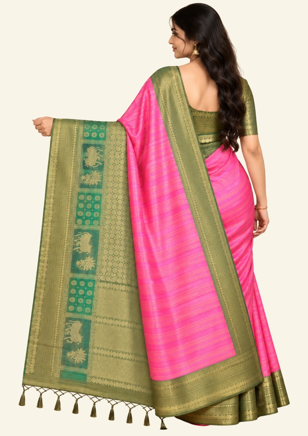 Pink Gokul Tussar with green border