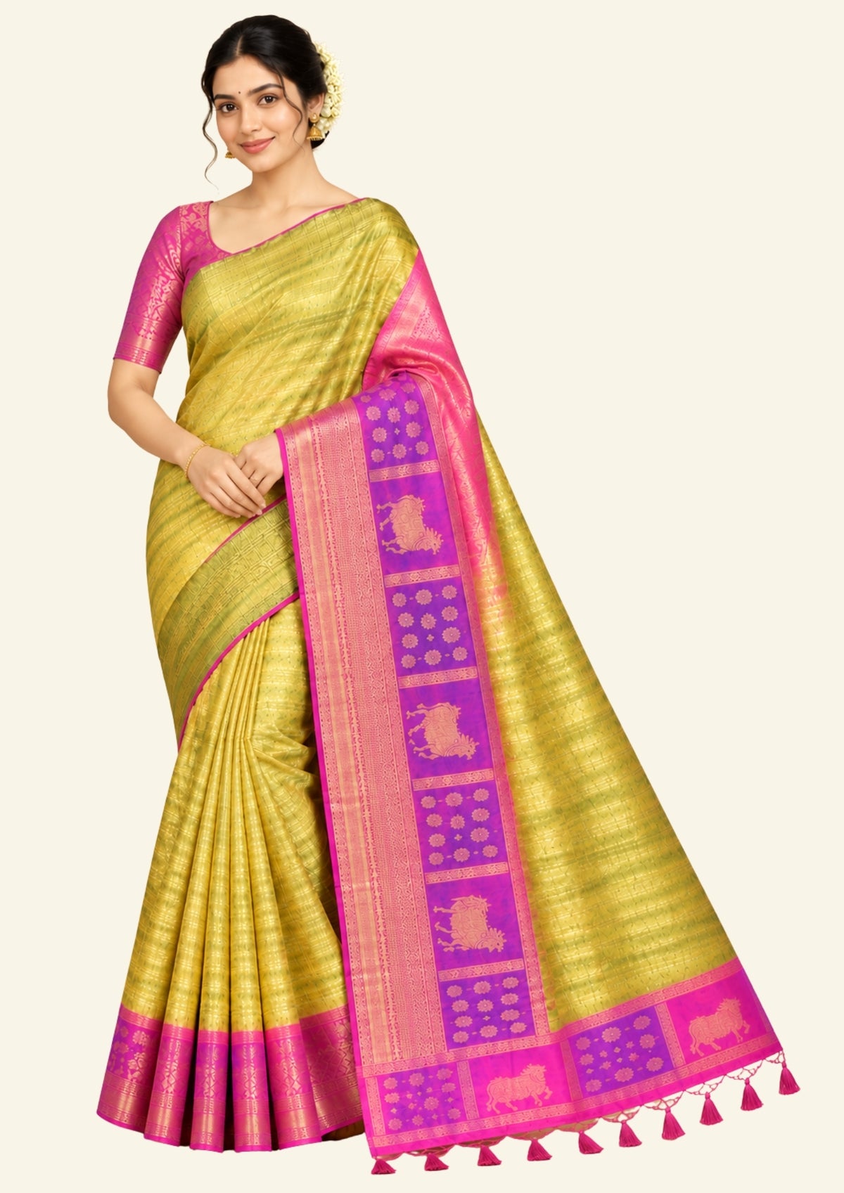 Pista Green Gokul Tussar with Pink and purple border