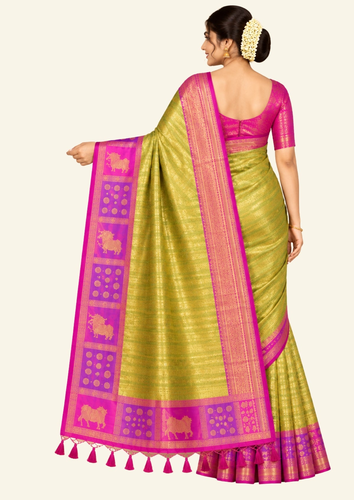 Pista Green Gokul Tussar with Pink and purple border