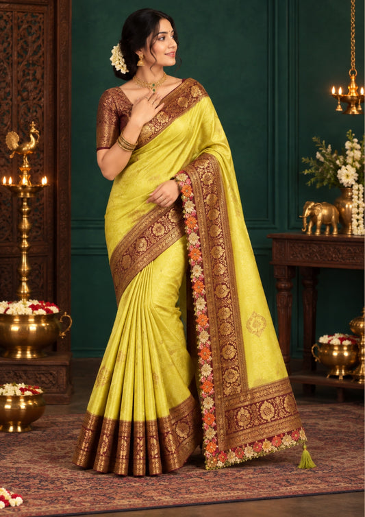 Pista Green Raj Virasat Silk Saree with Gold zari works