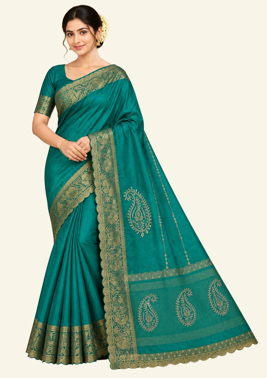 Ratnalekha Silk saree in rich emerald-green base accentuated with intricate gold zari work