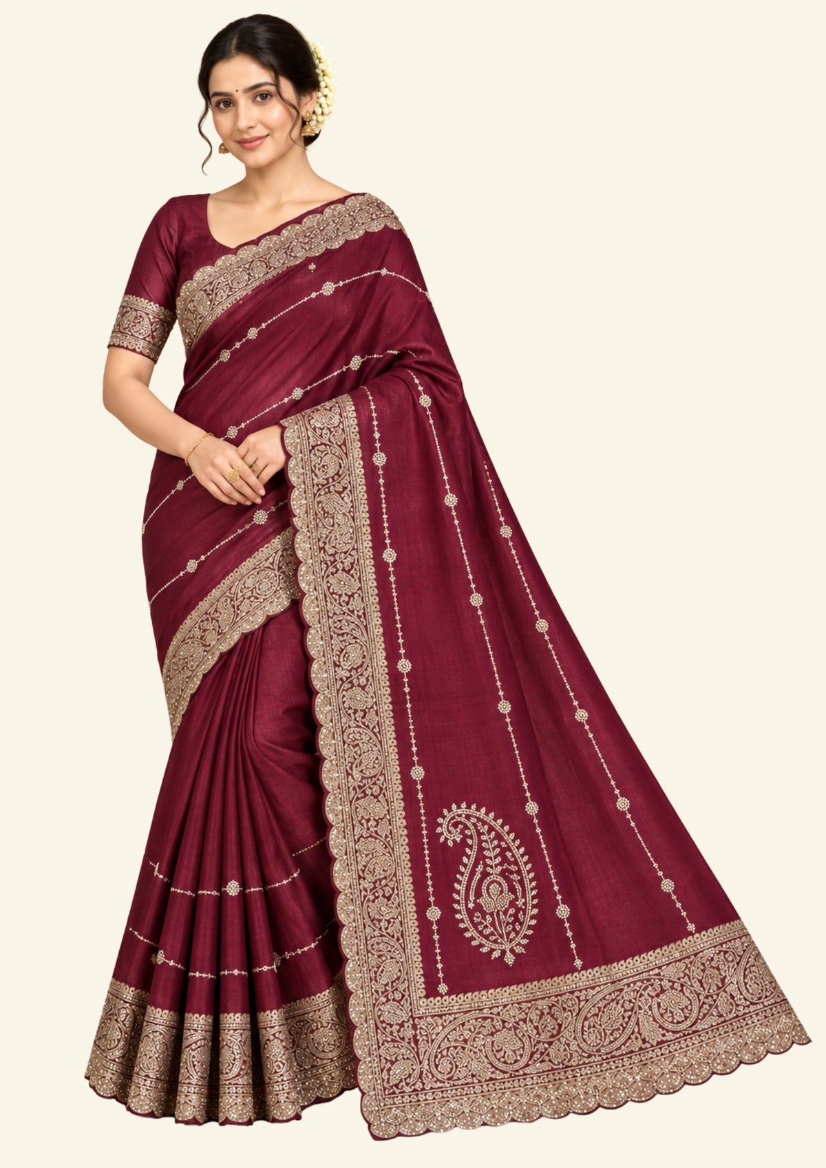 Ratnalekha Silk saree in rich wine-maroon base adorned with intricate gold zari embroidery