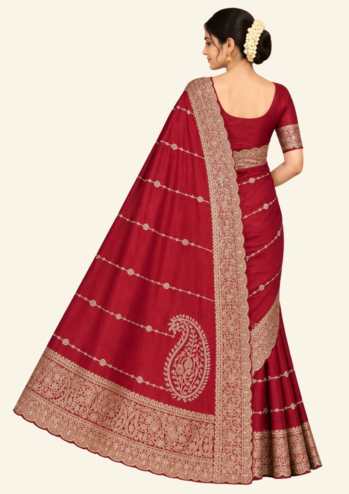 Ratnalekha silk saree in vibrant deep red base accentuated with intricate gold zari embroidery,
