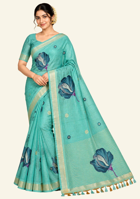 Resham Tussar in aqua blue linen-cotton base