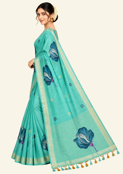 Resham Tussar in aqua blue linen-cotton base