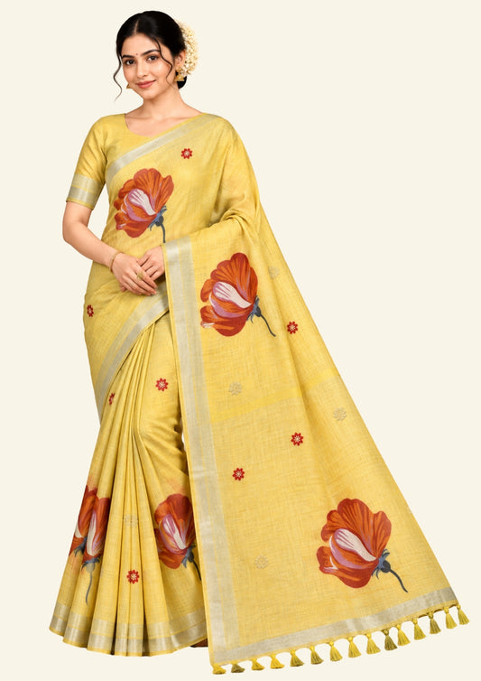 Resham Tussar Light pastel yellow shade with a soft golden sheen.