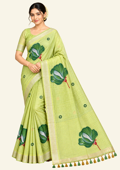 Resham Tussar Soft pastel green shade with a light golden sheen.