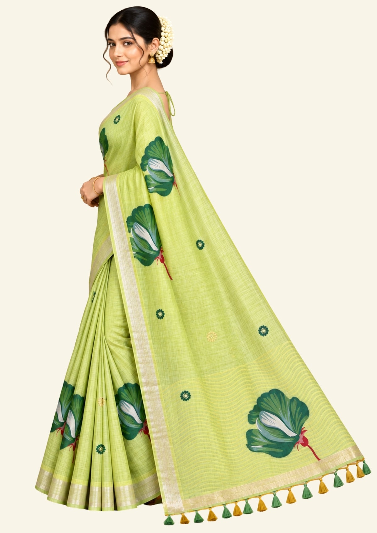 Resham Tussar Soft pastel green shade with a light golden sheen.