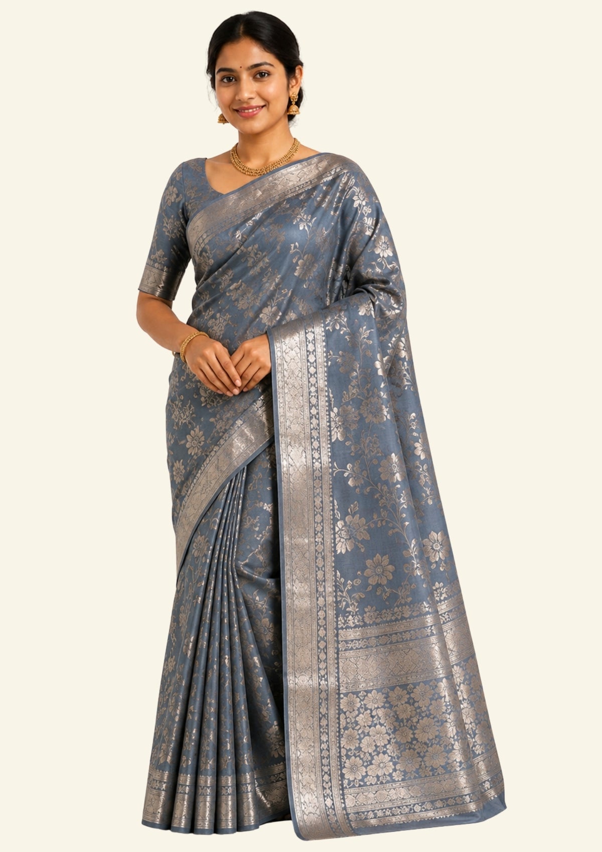 Chandhrika in Slate Blue - Grey base with floral works