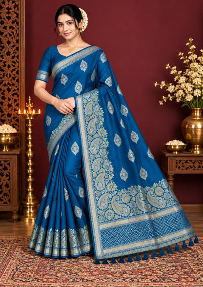 Rithvi Satin Aqua blue color adorned with intricate golden zari embroidery